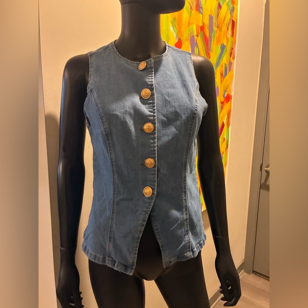 SHEIN Blue Denim Vest with Gold Buttons